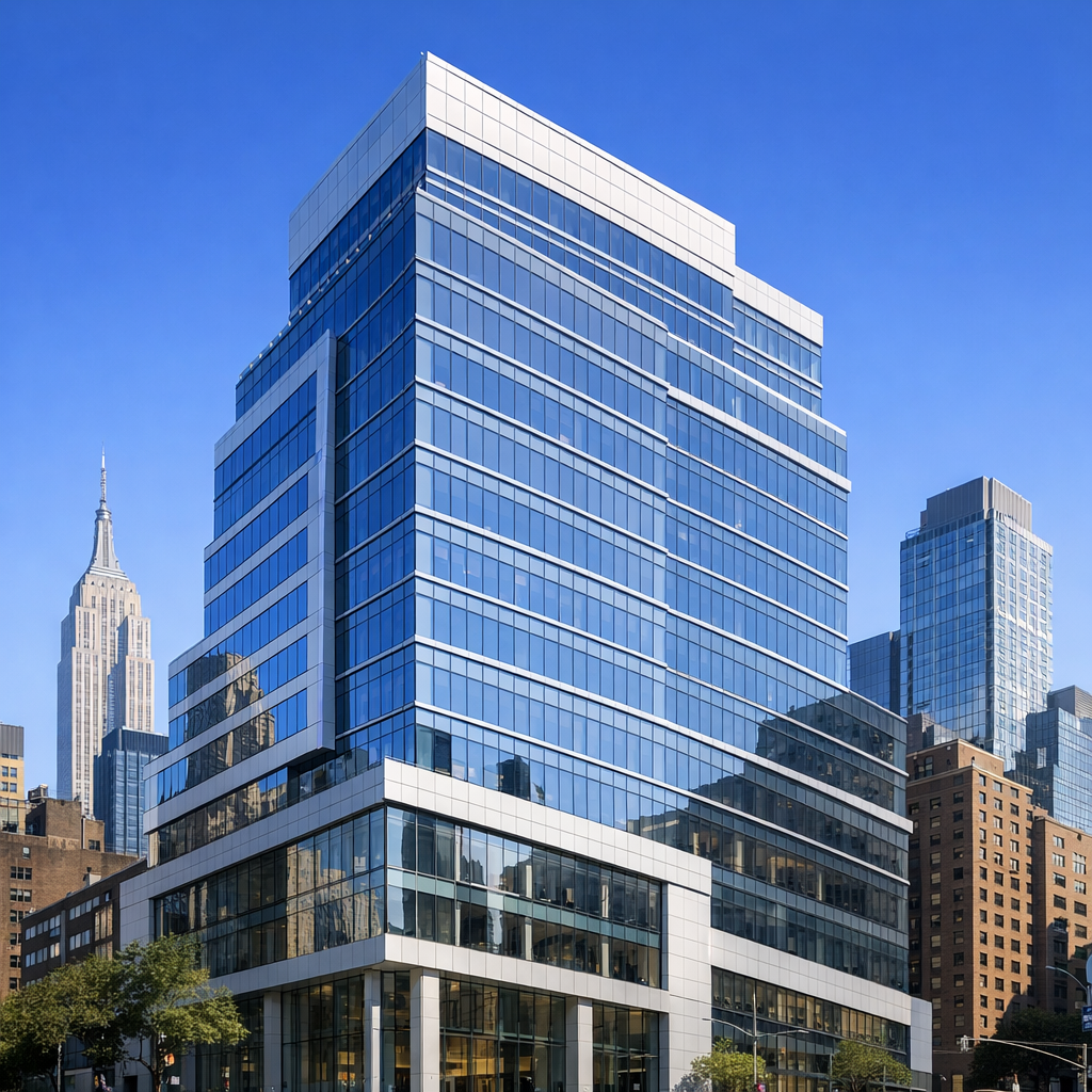Modern office building exterior in New York City, professional architecture, clean design, blue sky background