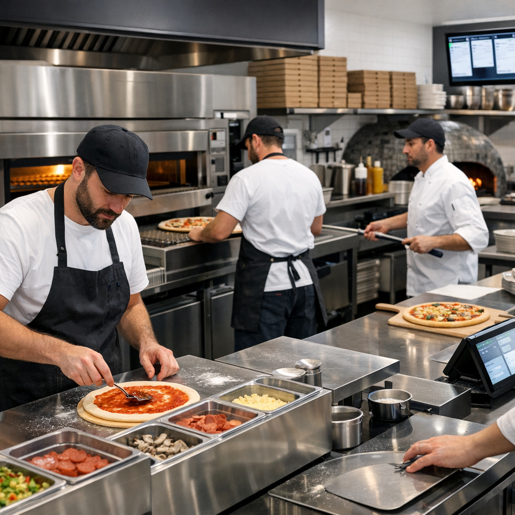 Modern pizza kitchen with chefs preparing orders at multiple workstations